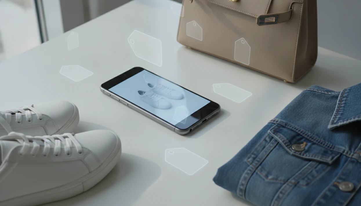 An Android phone visually searches a sneaker while abstract comparison cards suggest prices across stores.