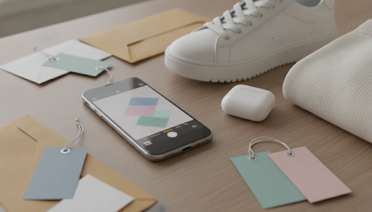 An iPhone beside products and blank price tags, suggesting visual shopping and price comparison.