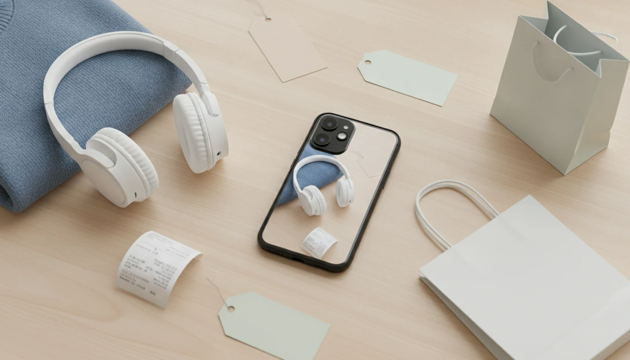 A phone scans products on a tabletop while blank price tags suggest comparing deals from a photo.