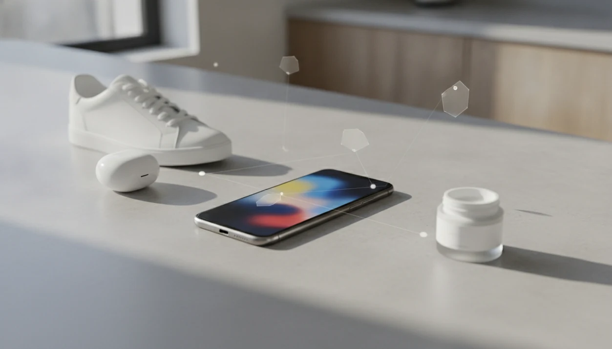 A phone scans nearby products on a countertop, suggesting visual search and price comparison.