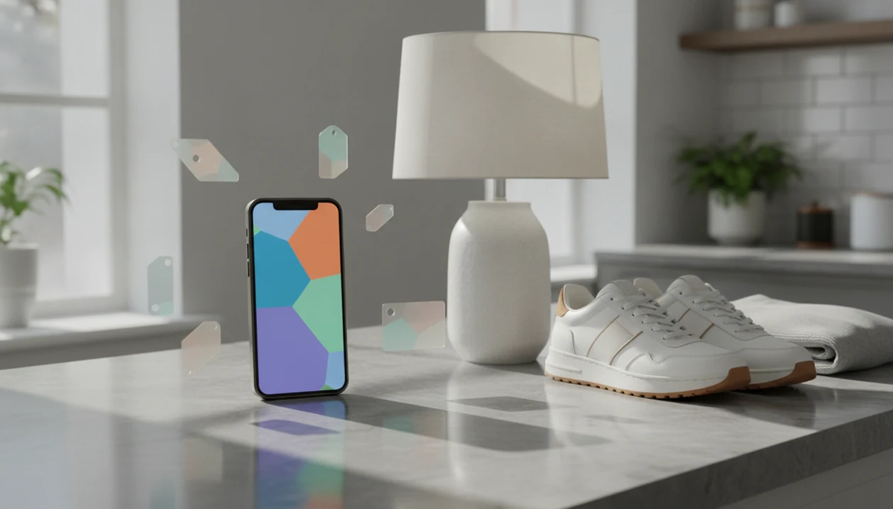A phone beside everyday products suggests using visual search to compare shopping options.