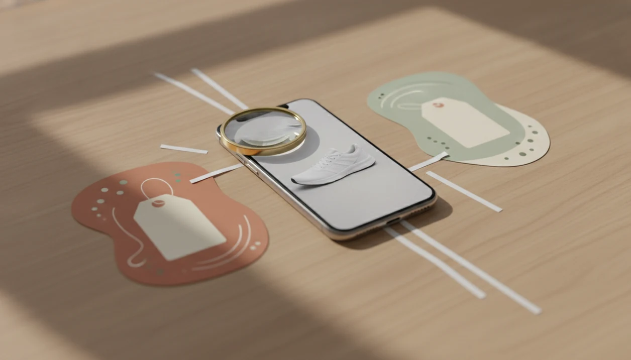A phone screenshot of shoes is surrounded by blank price cards and a magnifying glass for comparison.