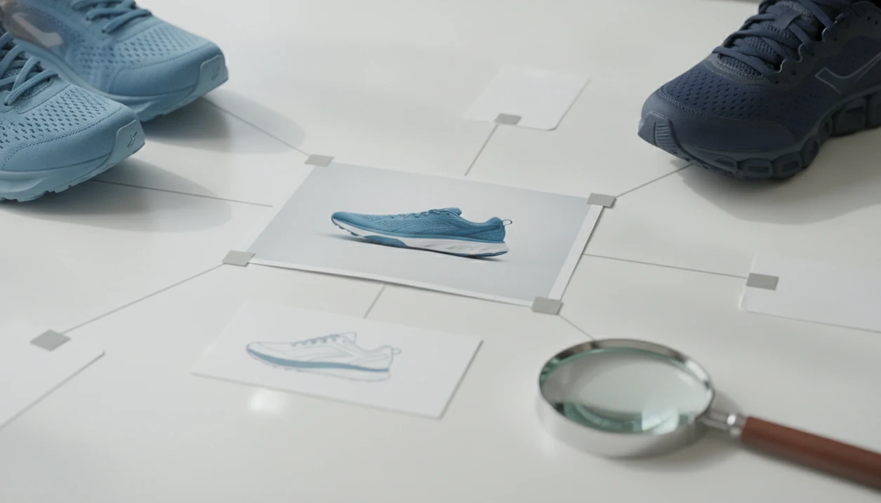 A product photo of a blue shoe is compared with similar shoes on a clean tabletop.