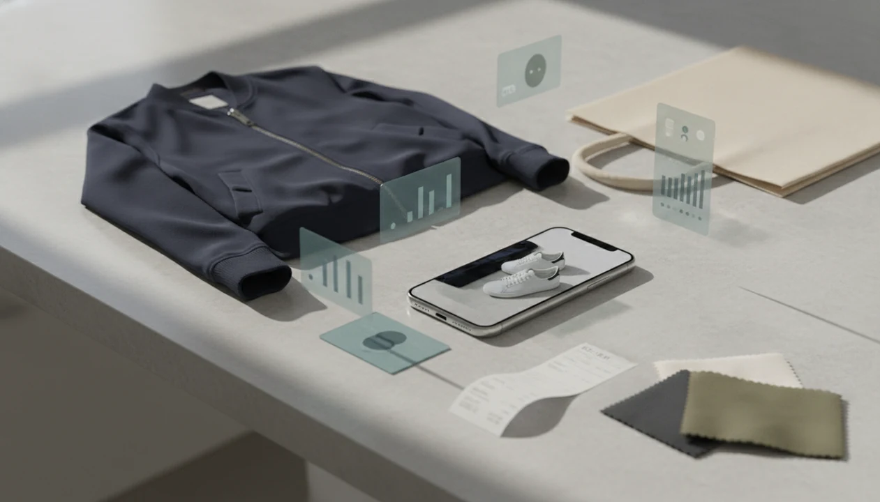 A smartphone visually searches fashion items while abstract comparison cards suggest price matching across stores.