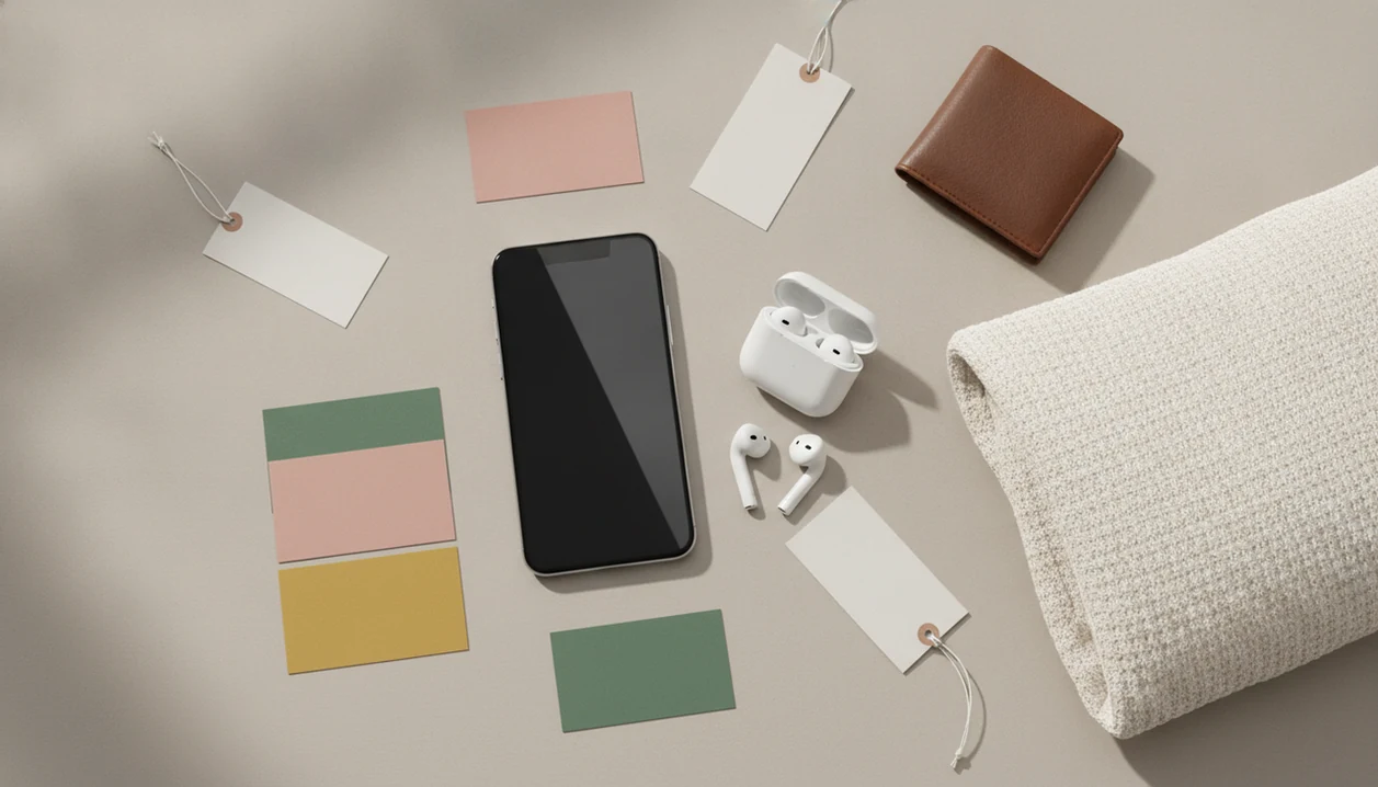 A smartphone beside everyday products and blank price tags suggests photo-based product search and price comparison.