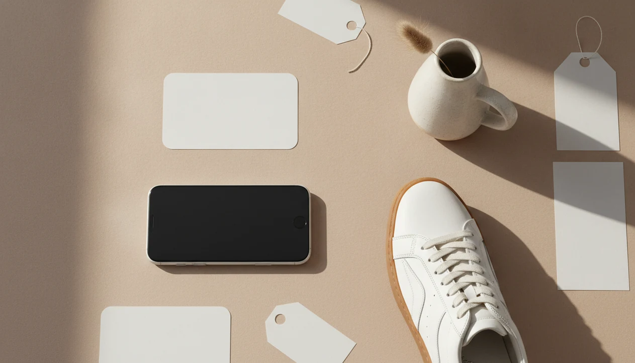 A smartphone beside products and blank shopping cards suggests photo-based product search and price comparison.