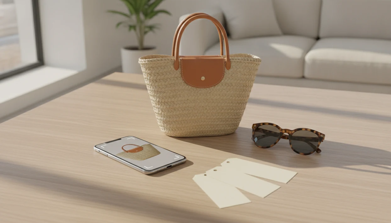 A phone shows a handbag photo beside blank price tags and matching shopping items on a table.