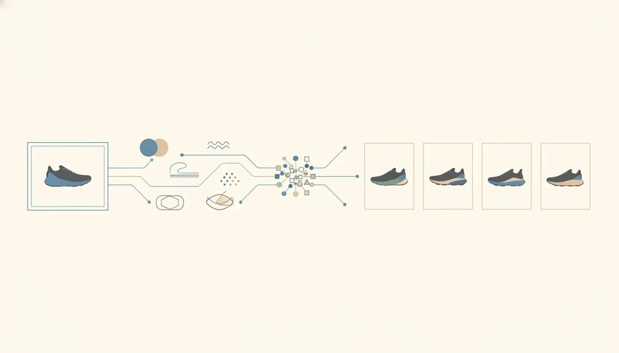 A diagram shows a product photo becoming visual features and matching similar sneaker results.