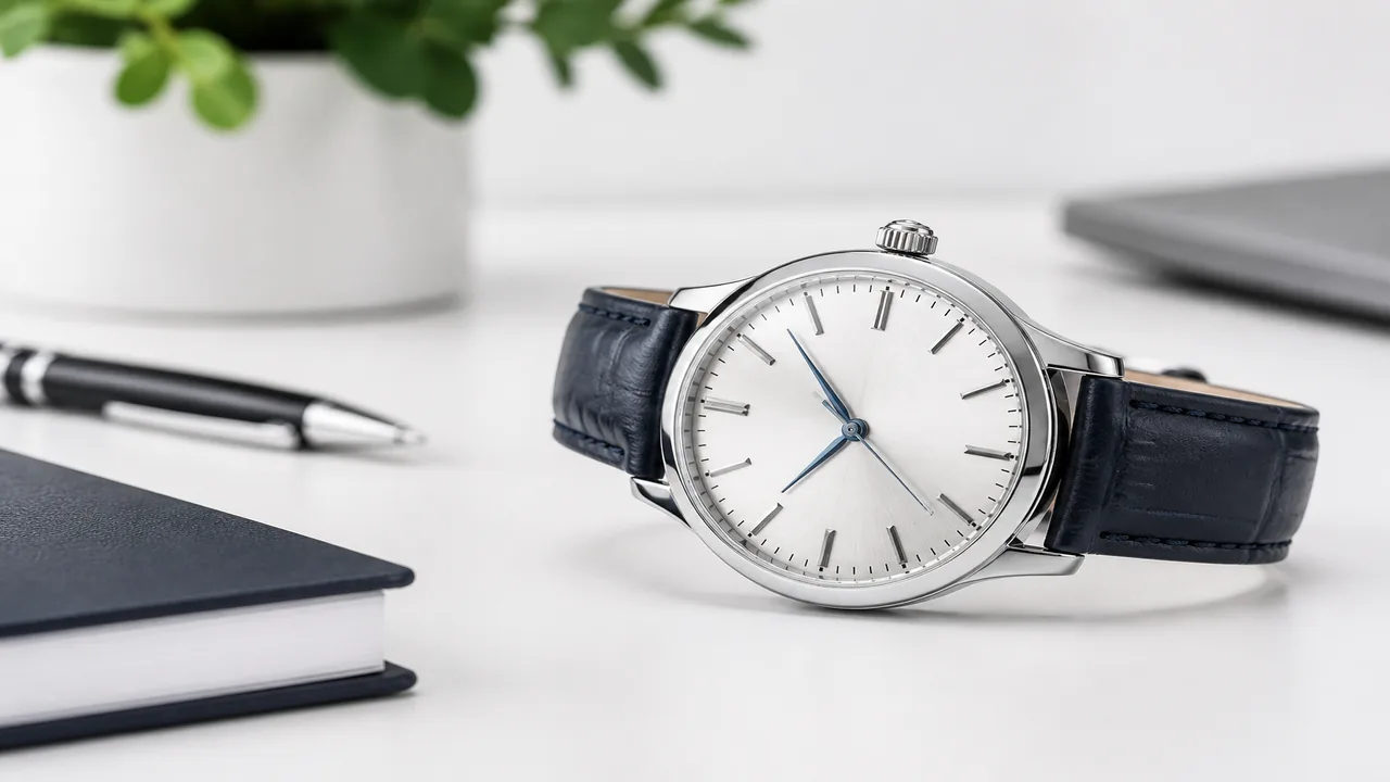 A wristwatch photographed for dial, case, and strap model identification.