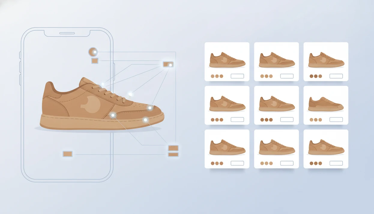 A visual shopping workflow shows a photographed sneaker matched to similar product catalog cards.