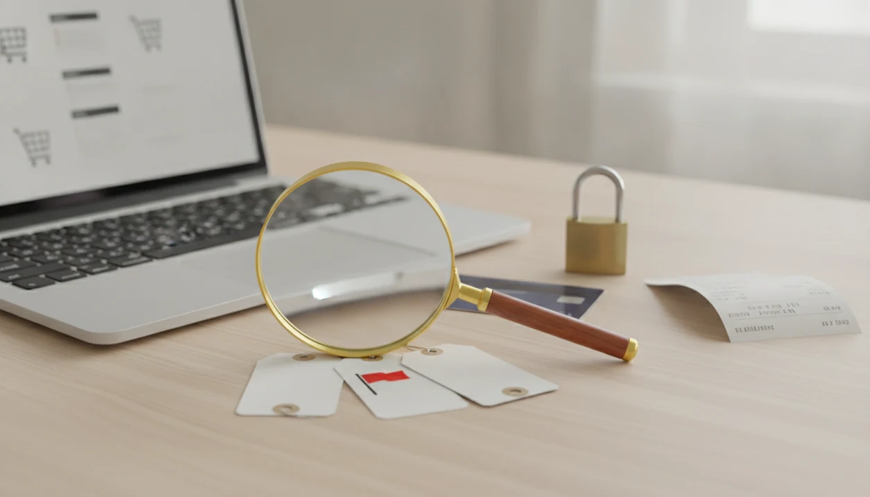 A magnifying glass inspects blank price tags beside a laptop, padlock, and payment card on a desk.