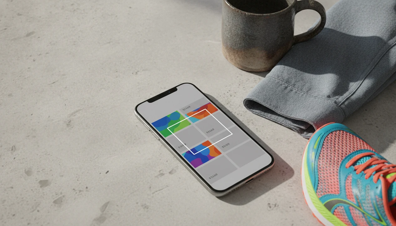 A phone visually searches a running shoe on a tabletop with abstract shopping result cards nearby.