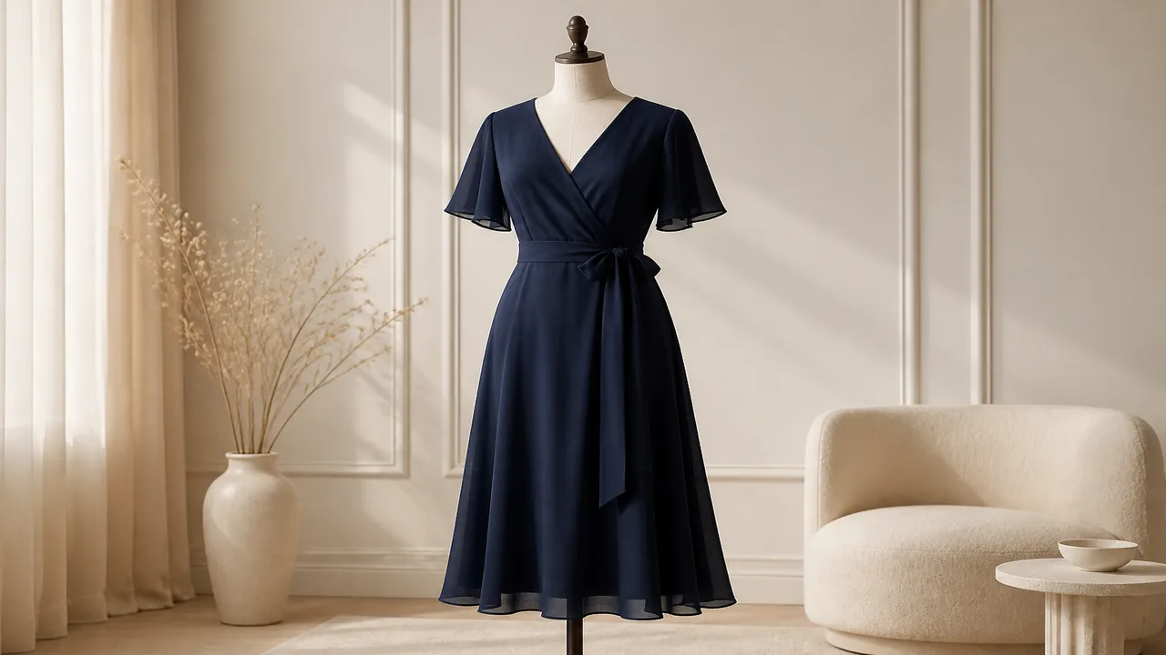 A dress image labeled with silhouette, neckline, sleeve, fabric, length, and occasion terms.