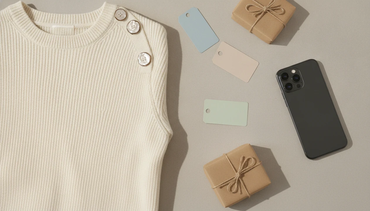 A phone, product photo subject, parcels, and blank price tags suggest visual search shopping and deal comparison.