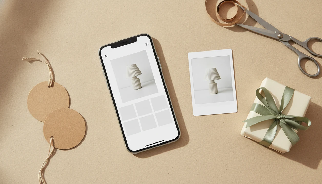 A phone compares gift options from a product photo on a tidy wrapping table.