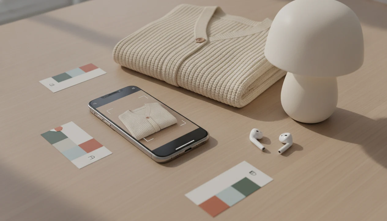 A phone camera frames a cardigan on a tabletop with abstract product match cards nearby.