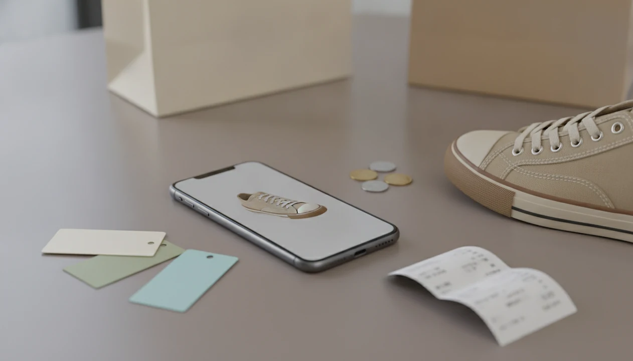 A phone compares a photographed sneaker with blank price tags and shopping items on a tabletop.