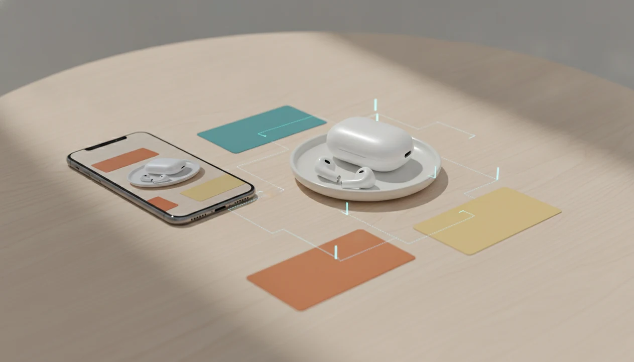 A product, phone image, and blank store cards arranged to suggest AI shopping recognition and price comparison.