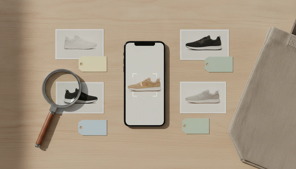 A phone analyzes a sneaker photo with similar product cards and blank price tags arranged around it.
