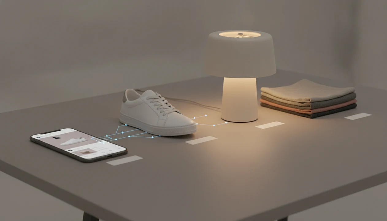A phone screenshot is visually scanned and matched to real products on a clean desk.